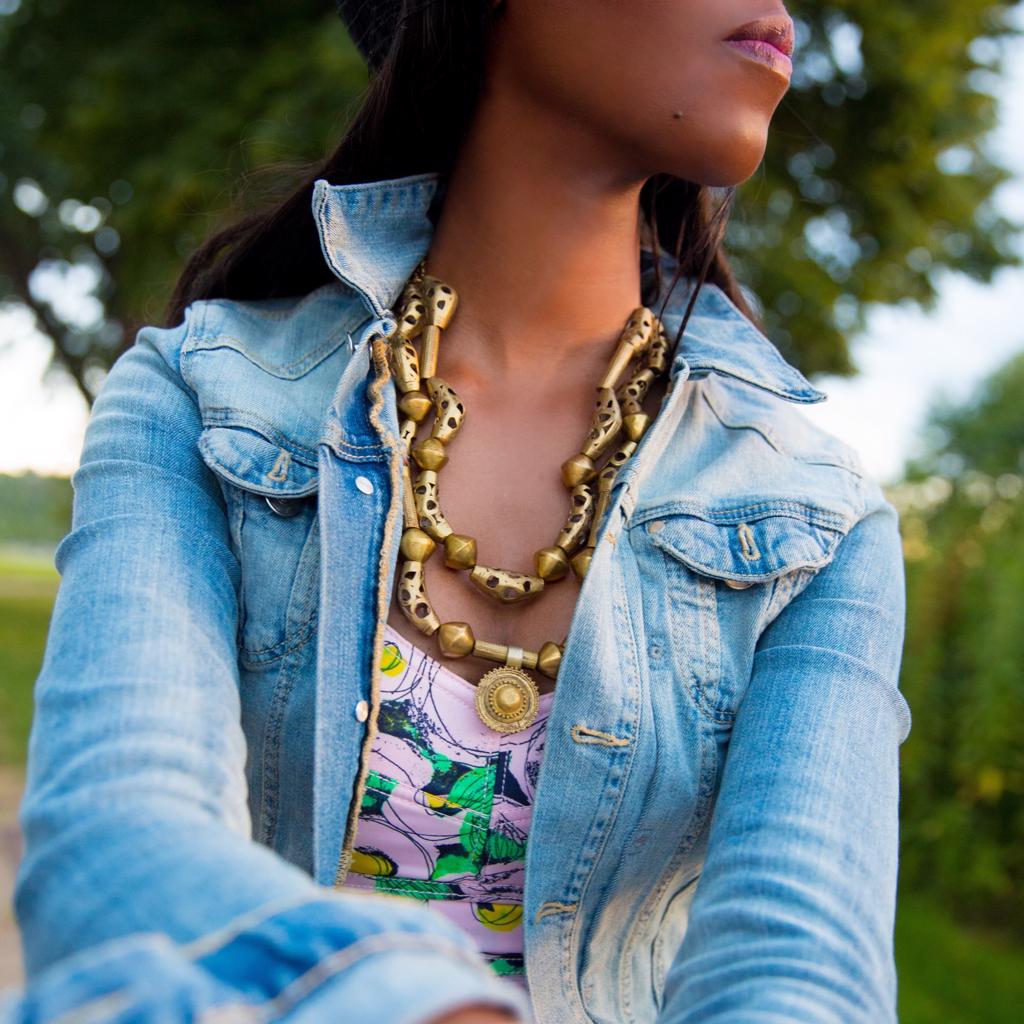 Model Wearing Dalasini Oyo Vintage Brass Necklace