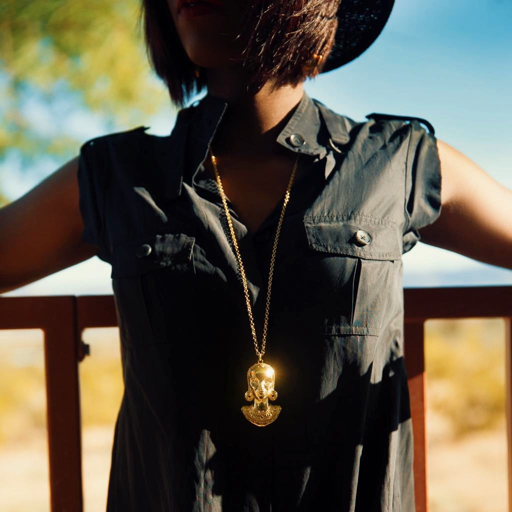 Model Wearing Dalasini Turkana Gold Maasai Pendant Necklace