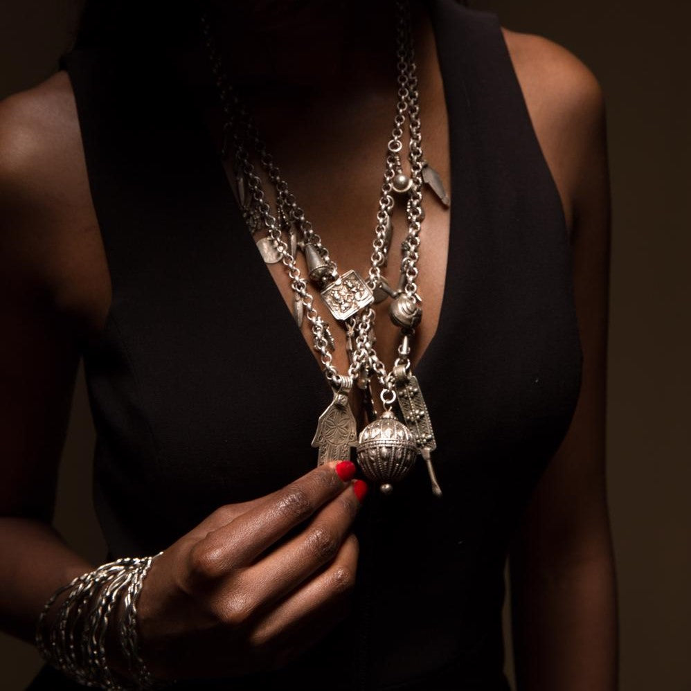 Model Wearing Dalasini Marrakech Antique Silver Necklaces