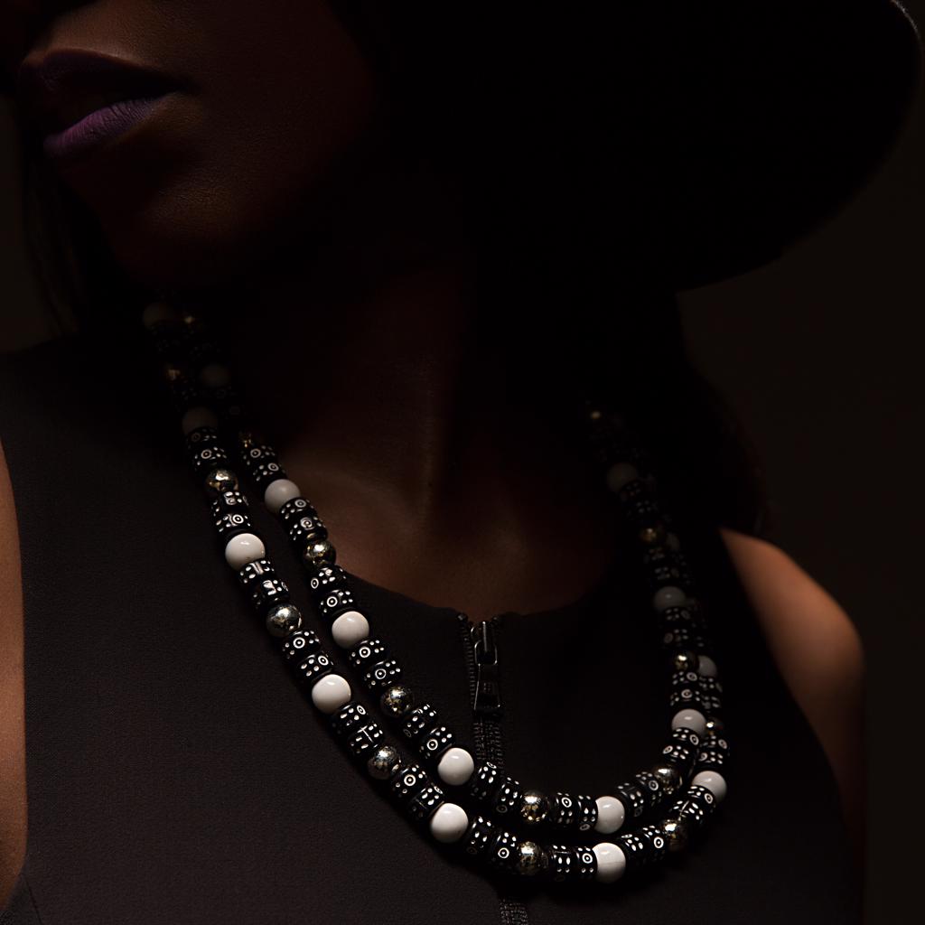Model Wearing Dalasini Accra Sterling Silver and Peking Glass Bead Necklace
