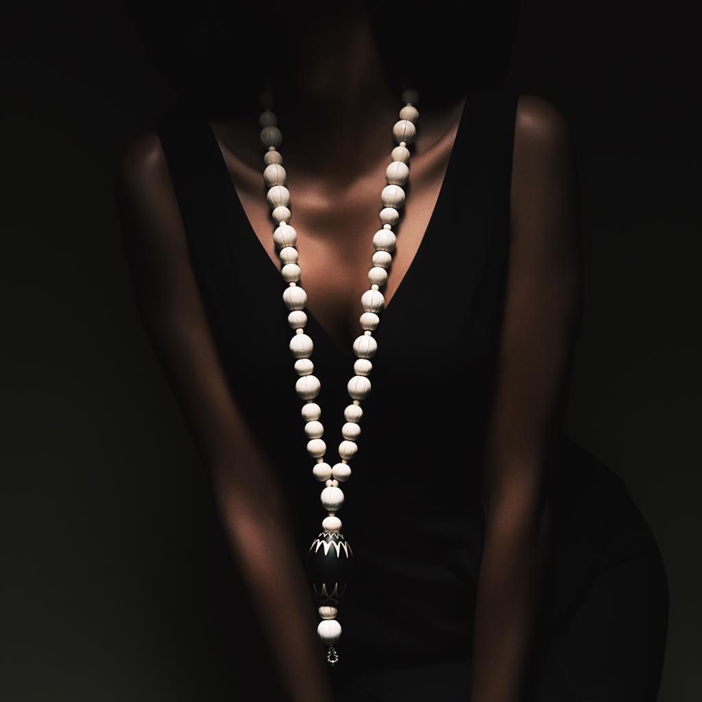 Model Wearing Dalasini Bamako Vintage Chevron Venetian Bead Pendant Necklace